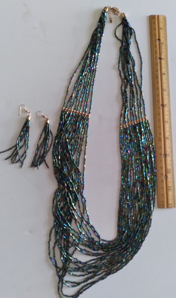 Peacock blue/black beaded necklace and earrings