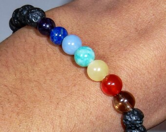 Chakra Bead Bracelet with black onyx or lava Rock 6mm