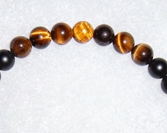 Yellow Tiger-eye and Black Oynx Bead Bracelet with 6mm or 8mm w/Stainless Steel or Onyx Knot Cover