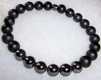 Hematite & Onyx Bead Bracelet 6mm or 8mm w/Stainless Steel or Onyx Knot Cover