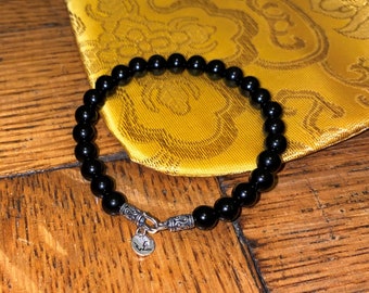 Black Onyx Bead Bracelet w/logo bead onyx knot cover or sterling sliver tag & clasp