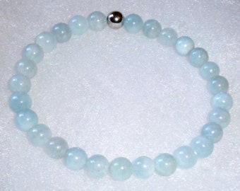 Grade A Aquamarine 6mm Bead Bracelet w/Silver Plated Brass Knot Cover