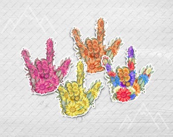 ASL Floral I Love You Vinyl Sticker, 4 Choices, SPRING FLOWERS American Sign Language