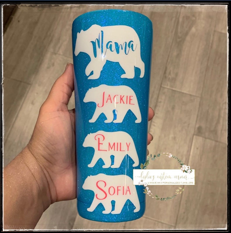 Mama bear glittered tumbler mamma bear