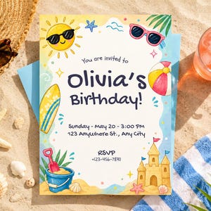May include: A beach-themed birthday invitation with the text "Olivia's Birthday!" featuring illustrations of a sun, sunglasses, surfboard, beach ball, sandcastle, and beach accessories. The invitation includes date, time, and RSVP information.