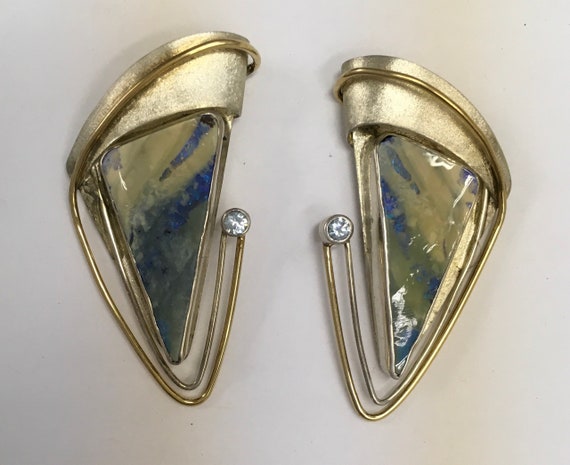 Boulder opal and blue zircon gemstones in silver … - image 1