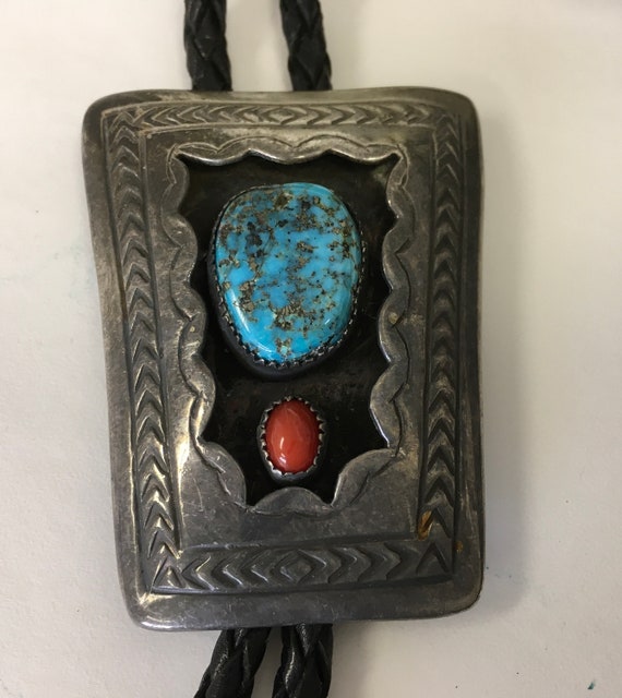 Bolo tie in silver with turquoise and coral in So… - image 1