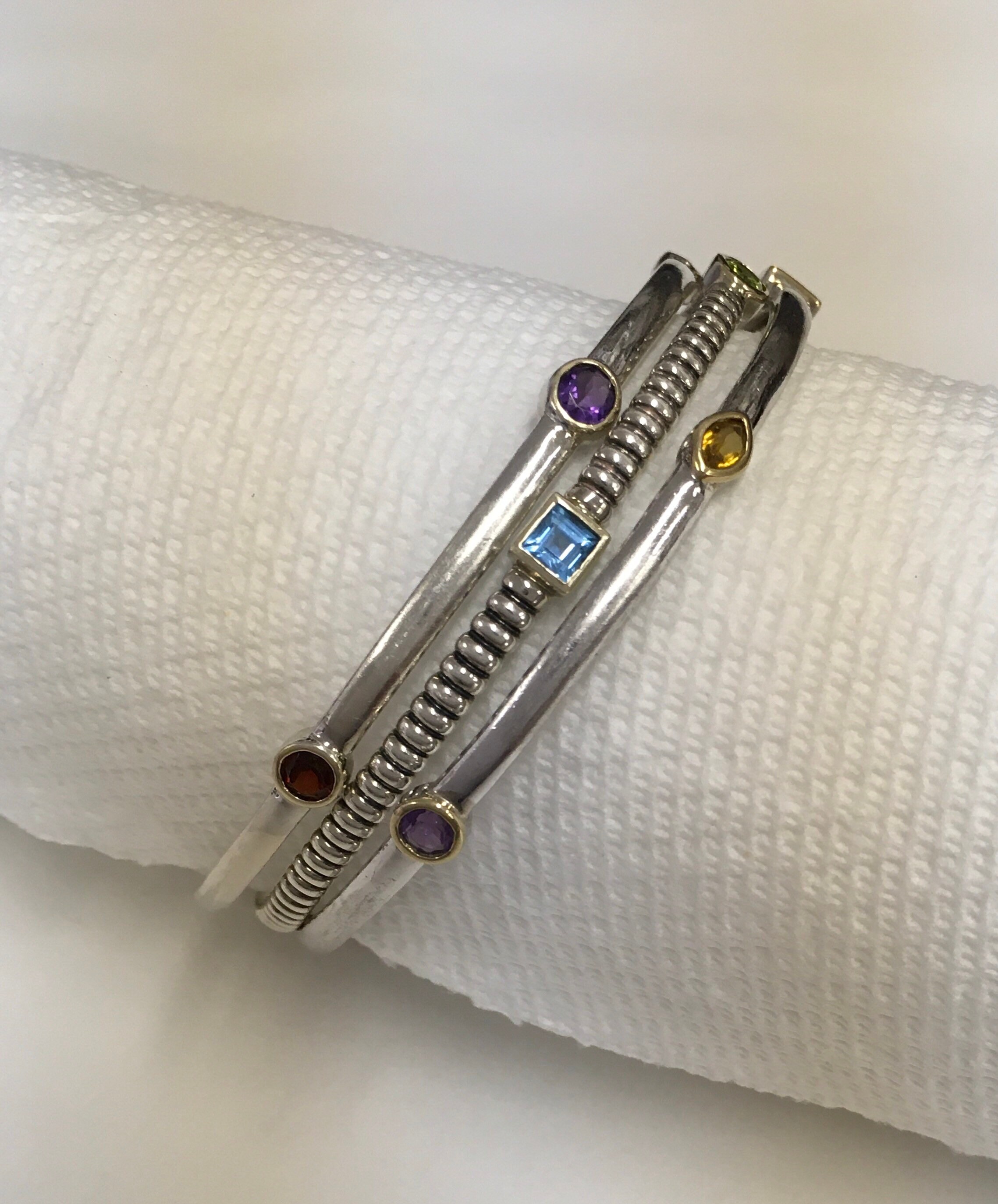 Silver Bangle Bracelets Narrow, a Set of Three With Topaz