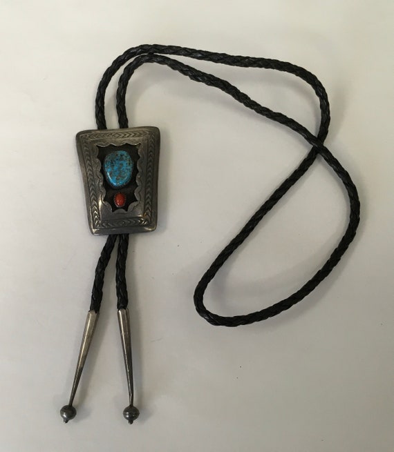 Bolo tie in silver with turquoise and coral in So… - image 4
