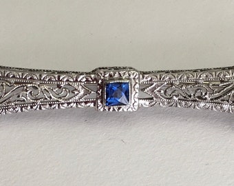Antique filigree bar pin with sapphire