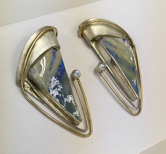 Boulder opal and blue zircon gemstones in silver … - image 2