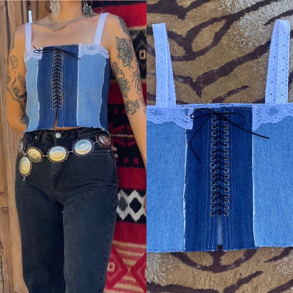 Handmade bustier lace up jean top