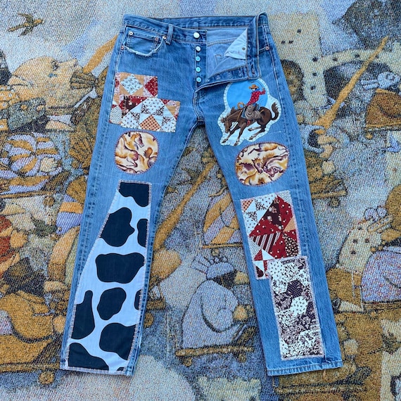 Upcycled western 501 levi patched up jeans - image 1