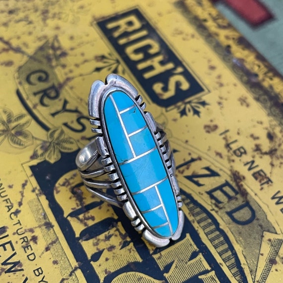 Vintage inlay turquoise silver ring - image 2