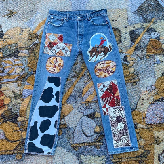 Upcycled western 501 levi patched up jeans - image 2
