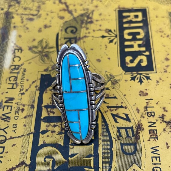 Vintage inlay turquoise silver ring - image 4
