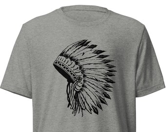 May include: A heather grey t-shirt with a black and white illustration of a Native American headdress.