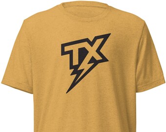 May include: A mustard yellow t-shirt with a black lightning bolt graphic and the letters "TX" inside the bolt.
