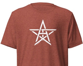 May include: A red heather t-shirt with a white star design featuring the letter "A" inside the star.