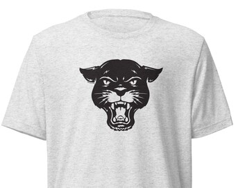 May include: A grey t-shirt with a black panther head graphic. The panther is snarling with its mouth open and its eyes are wide.