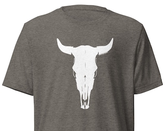 May include: A heather grey t-shirt with a white silhouette of a bull skull.