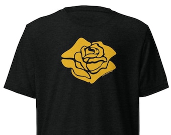 May include: A black t-shirt with a yellow rose graphic. The rose is stylized and has a simple design.