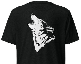 May include: A black t-shirt with a white silhouette of a wolf howling at the moon.