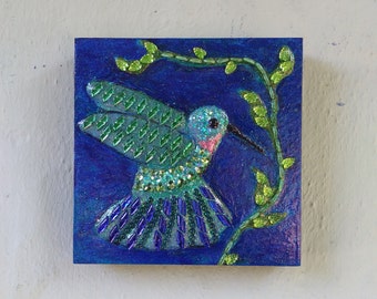 UNIQUE Handmade glass mixed media painted wood HUMMINGBIRD MOSAIC wall art