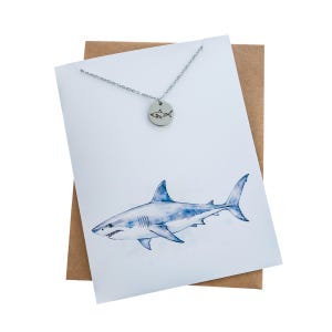 Shark Necklace Gift with Watercolor Card, Personalized Gold or Silver Pendant, Ocean Jewelry, Custom Engraved Gift for Her
