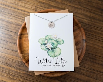 Water Lily Necklace on Greeting Card – Personalized Engraved July Birth Flower Pendant – Botanical Floral Jewelry Gift