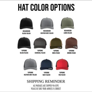May include: An image displaying various hat color options. The hats are arranged in rows, showcasing different colors such as black, grey, green, brown, navy, and red. Each hat has a label indicating the brand and color combination. The text "HAT COLOR OPTIONS" is at the top.