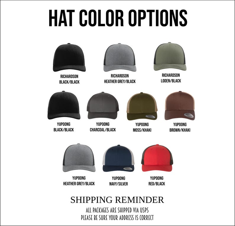 May include: An image displaying various hat color options. The hats are arranged in rows, showcasing different colors such as black, grey, green, brown, navy, and red. Each hat has a label indicating the brand and color combination. The text "HAT COLOR OPTIONS" is at the top.