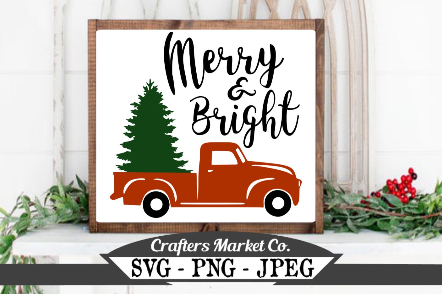 Download Red Truck With Tree SVG Merry and Bright SVG Red Pick Up ...