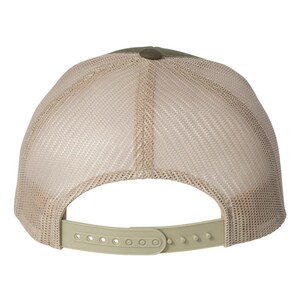 May include: Back view of a trucker hat with a khaki mesh back and a solid olive green top. The adjustable strap is olive green. The hat is designed for breathability and comfort.