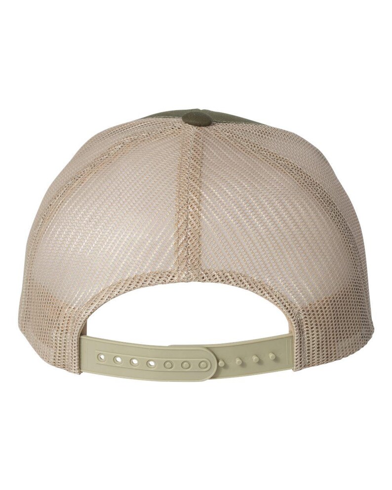 May include: Back view of a trucker hat with a khaki mesh back and a solid olive green top. The adjustable strap is olive green. The hat is designed for breathability and comfort.