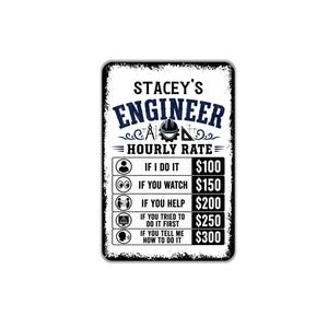 Engineer Hourly Rate Funny Metal Sign Custom Name Engineering Humor Decor Office Wall Art Workshop Service Rate Sign Engineer Gift