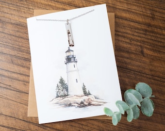 Lighthouse Bar Necklace on Card – Nautical Jewelry – Symbol of Hope & Guidance – Coastal Gift for Her or Him – Engraved Bar
