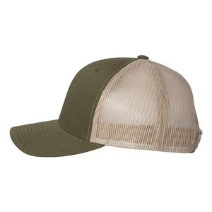 May include: Olive green and tan trucker hat. The front panels and brim are olive green, while the back panels are tan mesh. The hat has a curved brim and a button on top. A classic, casual accessory.