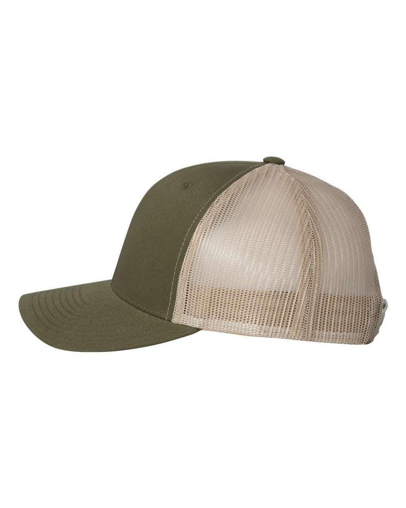 May include: Olive green and tan trucker hat. The front panels and brim are olive green, while the back panels are tan mesh. The hat has a curved brim and a button on top. A classic, casual accessory.