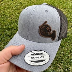 French Horn Hat – Snapback Trucker Hat with Engraved Musical Instrument Patch, Brass Band Gift, Musician Cap, Orchestra Style