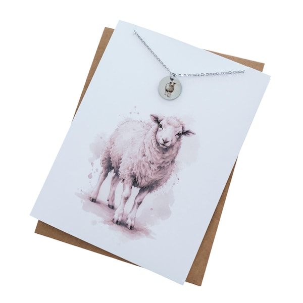 Sheep Necklace Gift with Watercolor Card, Personalized Gold or Silver Pendant, Farm Animal Jewelry, Custom Engraved Gift for Her