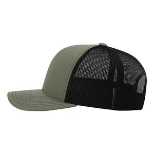 May include: Olive green and black trucker hat. The hat features a solid olive green front panel and bill, with a black mesh back. The bill has a curved design with stitched detailing. A small button is at the top of the hat.