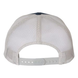 May include: A navy blue and white trucker hat with a mesh back and a snap closure. The hat has a curved brim and a solid navy blue front panel. The mesh back is white, and the adjustable snap closure is gray.