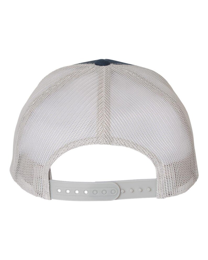 May include: A navy blue and white trucker hat with a mesh back and a snap closure. The hat has a curved brim and a solid navy blue front panel. The mesh back is white, and the adjustable snap closure is gray.
