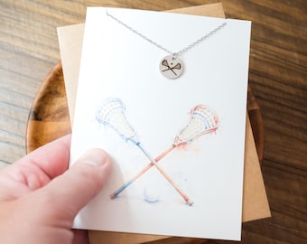 Lacrosse Necklace on Greeting Card – Personalized Engraved Lacrosse Pendant – Sports Athlete Jewelry Gift for Player Coach Team