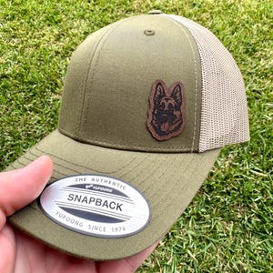 German Shepherd Hat – Snapback Trucker Hat with Engraved Patch, GSD Dog Lover Gift, Working Dog Cap, Rustic Mesh Dog Dad Hat