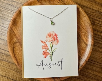August Birthstone Necklace Peridot Crystal Jewelry Gift Gold Silver Dainty Necklace Minimalist August Birthday Gift Necklace Card