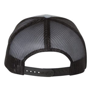 May include: A black trucker hat with a gray front panel and a black mesh back. The hat features a curved brim and an adjustable snap closure at the back. The hat is designed for casual wear.