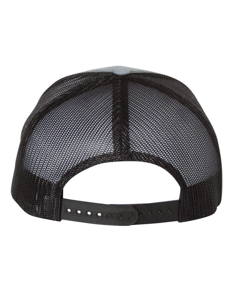May include: A black trucker hat with a gray front panel and a black mesh back. The hat features a curved brim and an adjustable snap closure at the back. The hat is designed for casual wear.