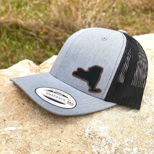 New York State Hat Snapback Trucker – Engraved Patch NY Outline Cap, Empire State Pride, Upstate or NYC Gift, Travel Style